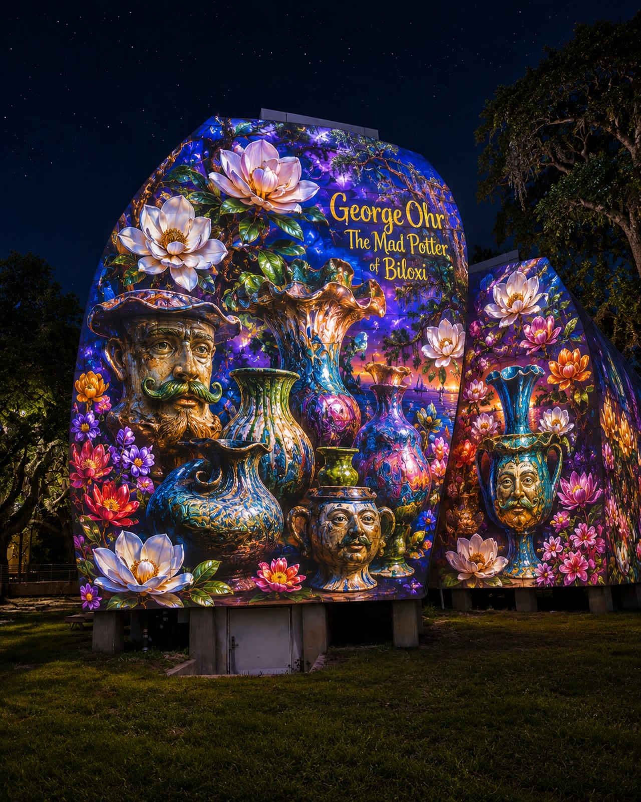 Projection-mapped floral and pottery imagery on a George Ohr Museum pod, reading “George Ohr — The Mad Potter, Biloxi”