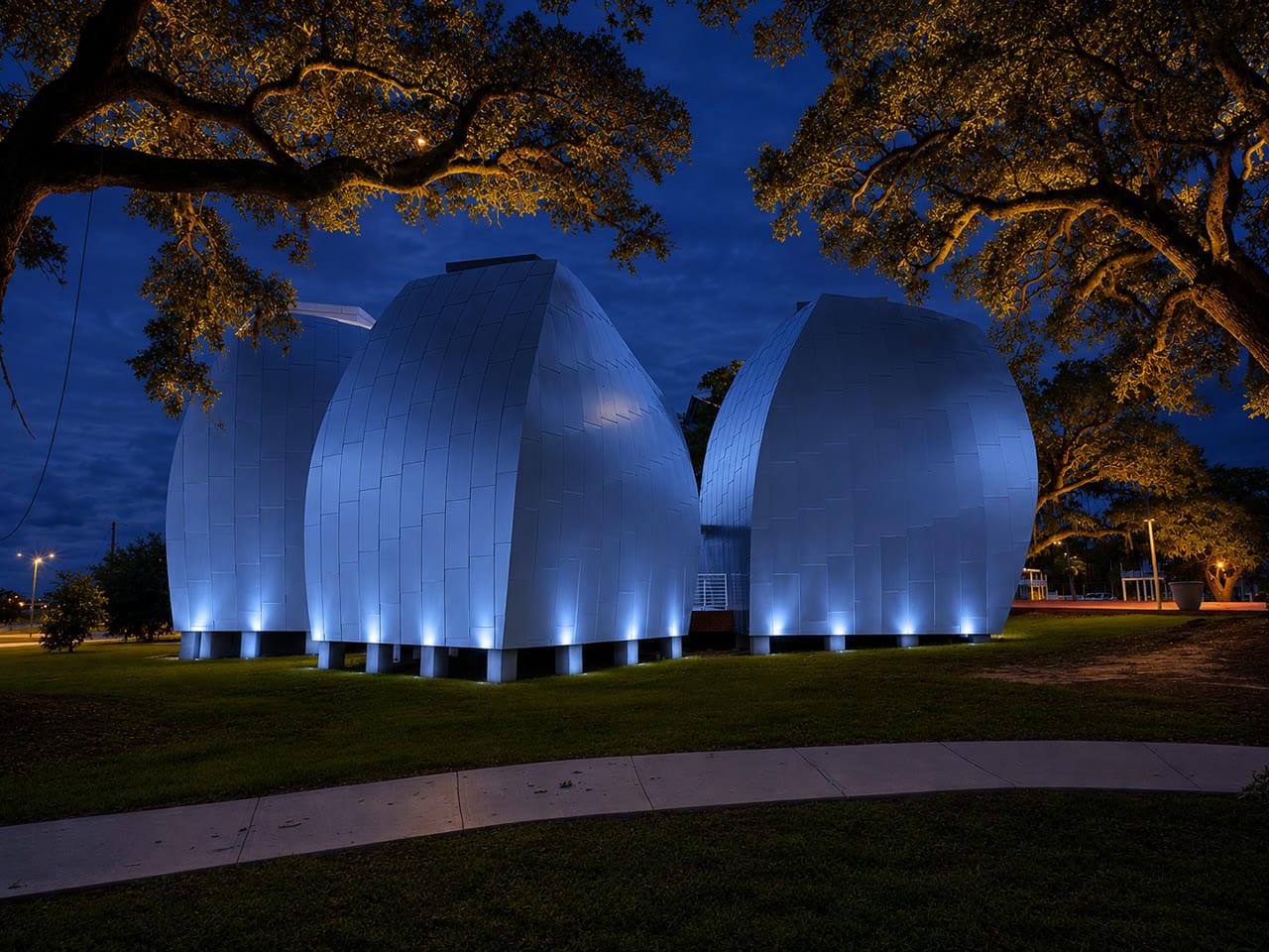 George Ohr Museum pods in steel blue uplighting, alternate view