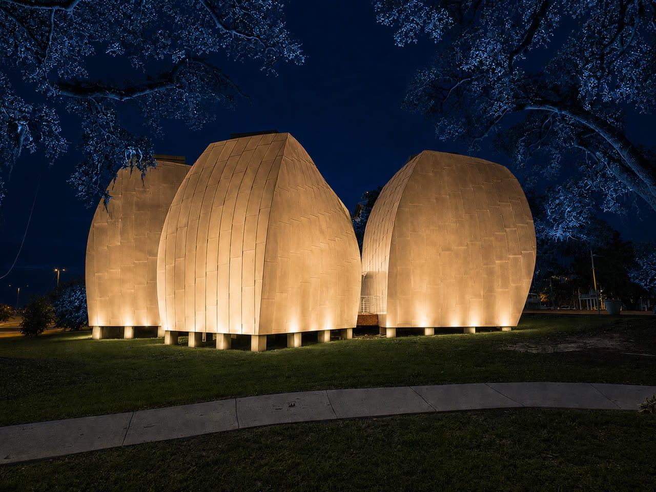 George Ohr Museum pods in warm white uplighting, alternate view