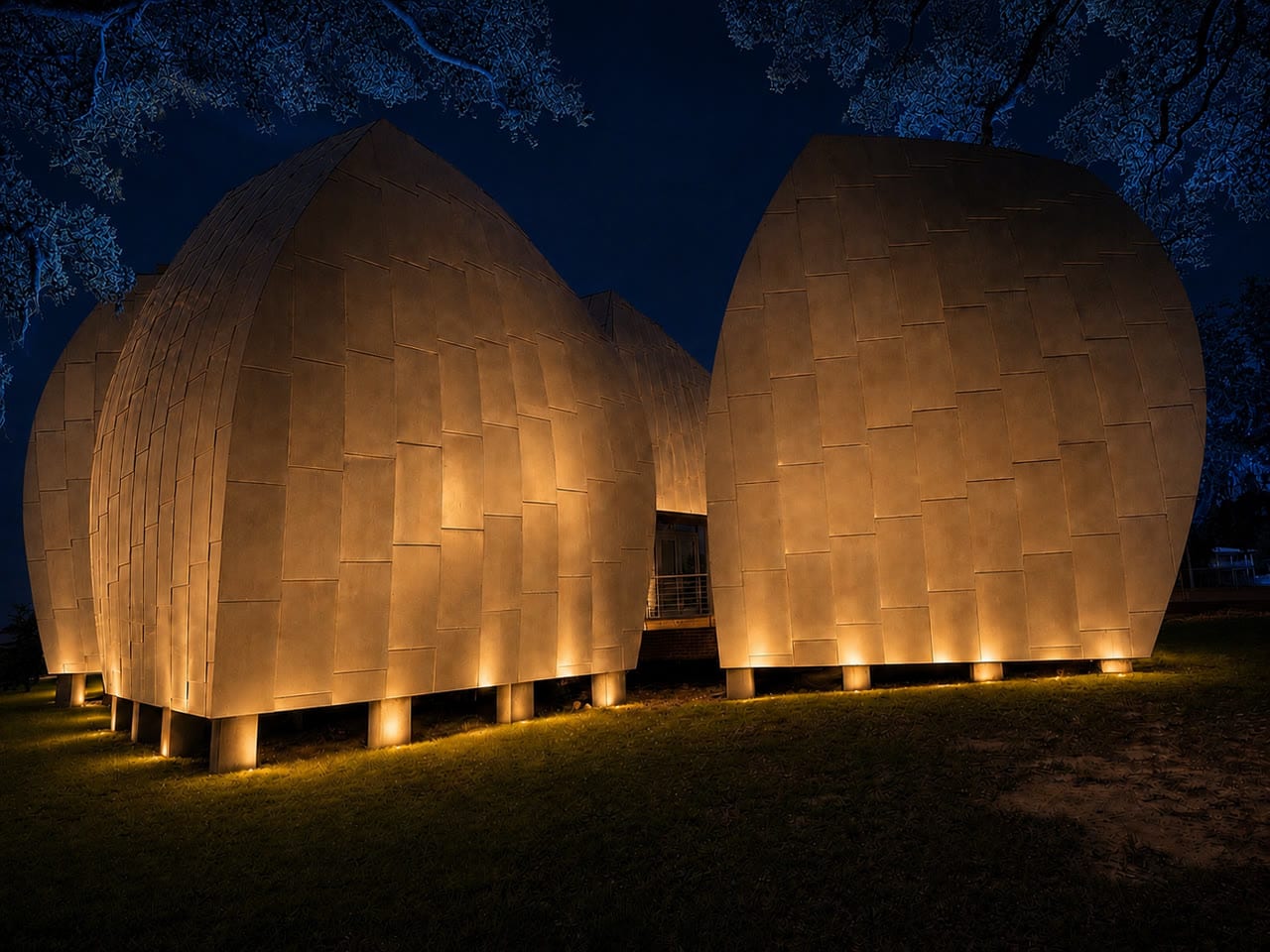George Ohr Museum pod structures in warm white architectural uplighting